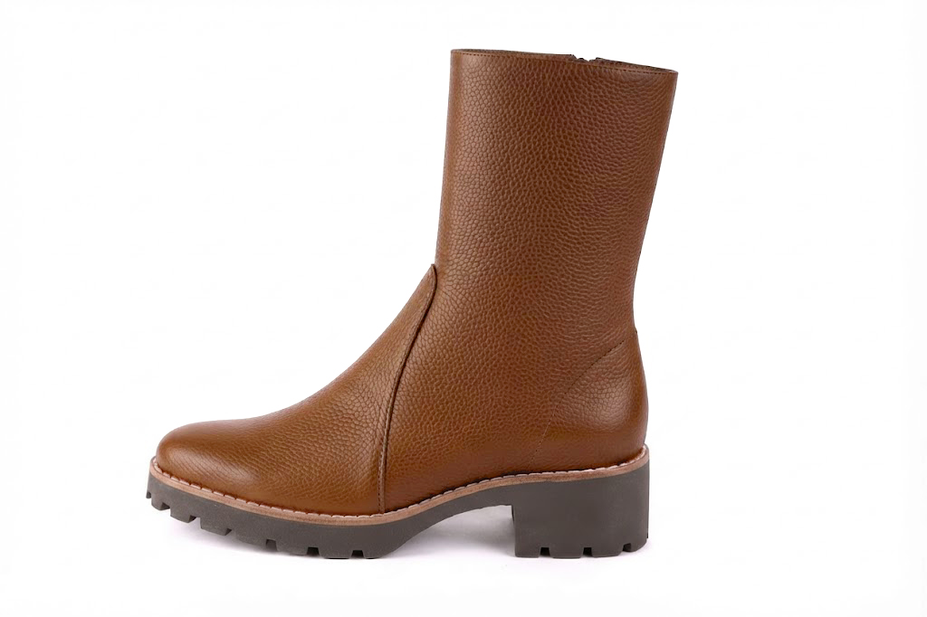 Women's cognac inside-zip ankle boots with round toe and chunky rubber lug sole - Profile view